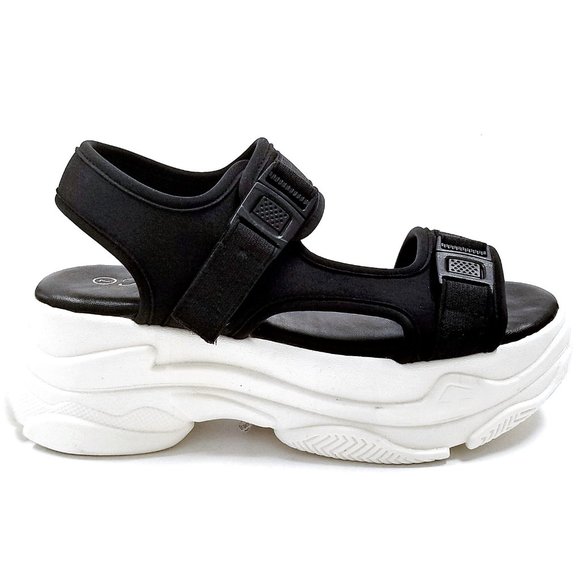 New Black Sporty Chunky Heel Platform Sandals - Picture 2 of 2